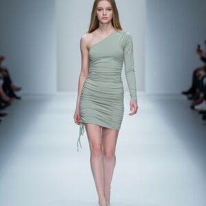 ZARA SAGE GREEN ASYMMETRICAL ONE SLEEVE RUCHED MINI DRESS Xs